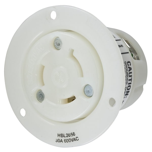 Flanged Locking Receptacle, L9-30R, 30 A, 600V AC, Single Phase, 2 Pole, Screw Terminals, White